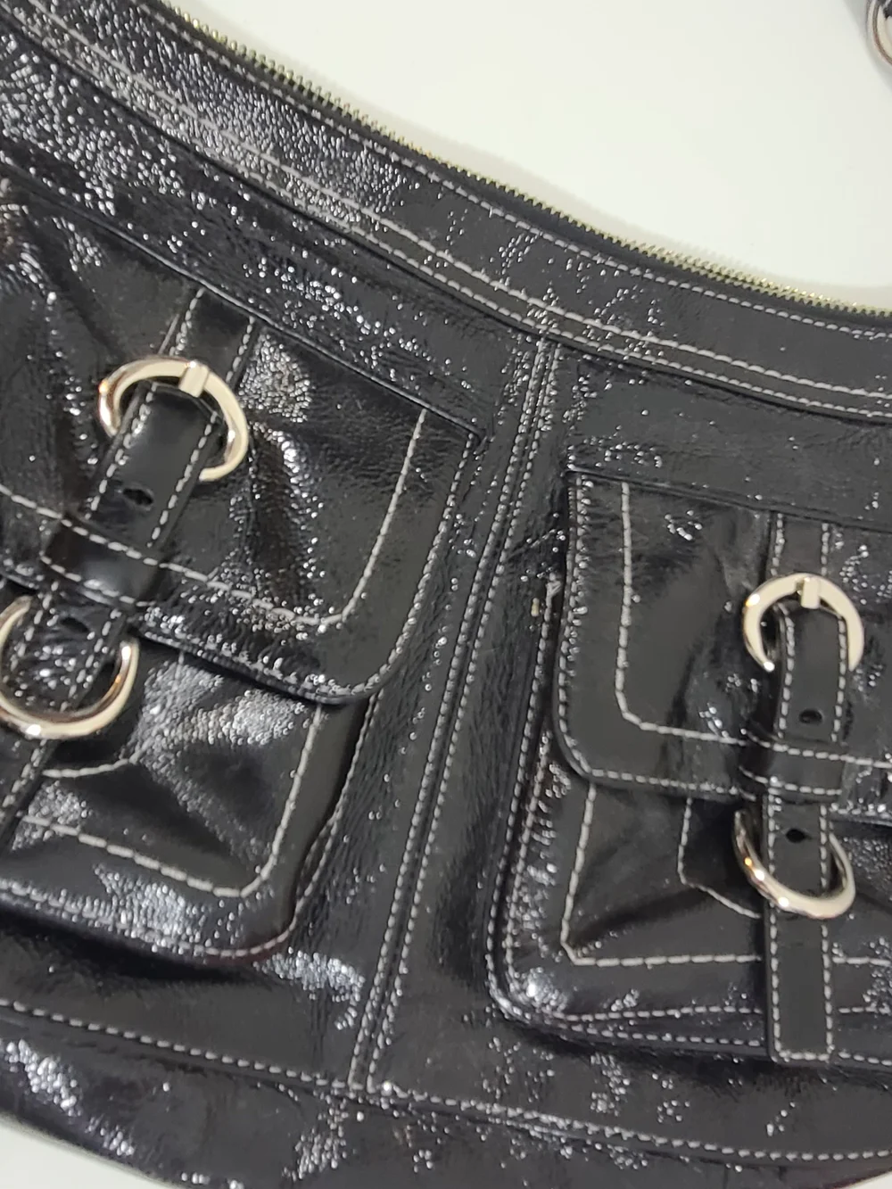 Coach Vintage Black Patent Leather Hobo Shoulder Bag with Silver Hardware
